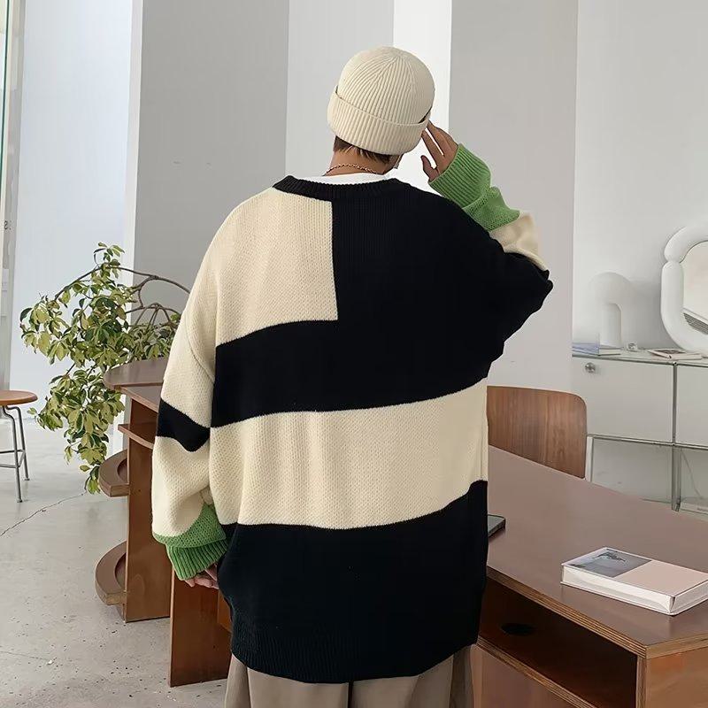 Colo-Blocking Retro Round Neck Loose-Fit Knitted Sweater