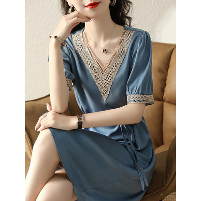 Hollowed-Out Slimming V-Neck Cinched Waist Tie-Up Chic Embroidery Dress