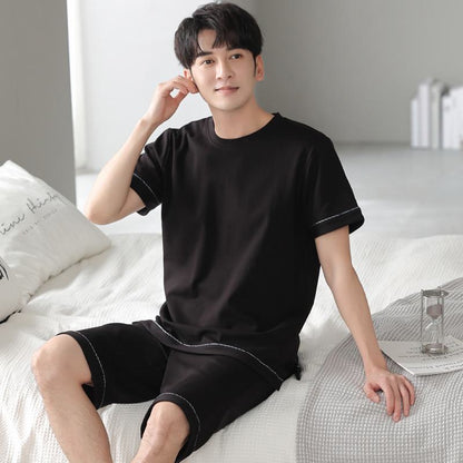 Tightly Woven Pure Cotton Round Neck Solid Color Black Loose Fit Lounge Set