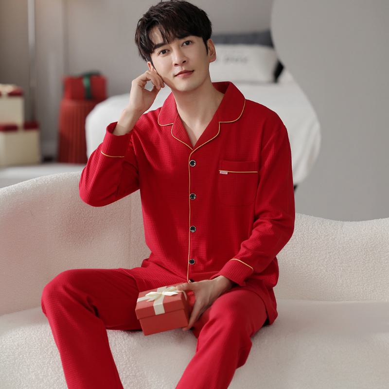 Conjunto de pijama de algodón puro tejido ajustado de manga larga rojo a cuadros con botones delanteros y bolsillos