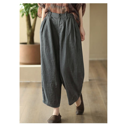 Pantalones de lino casuales retro de cintura alta con diseño artístico