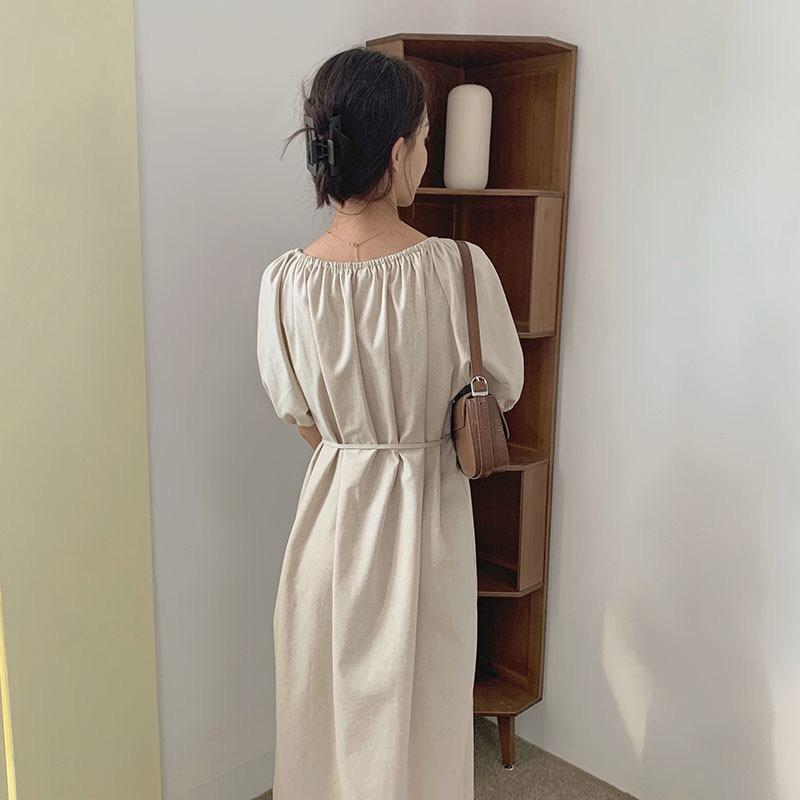Off-Shoulder Bubble Sleeve Tie-Up Long Style Loose-Fit Solid Cinched Waist Dress