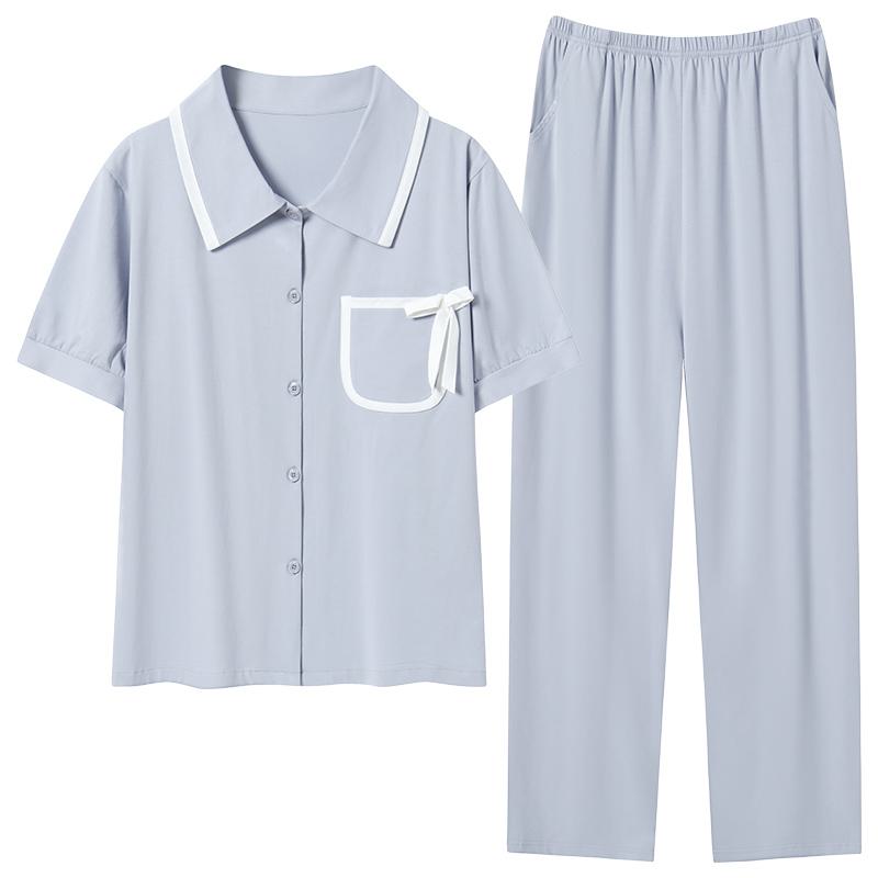 Ensemble pyjama en coton pur de couleur unie avec boutons devant, poche et col en lycra