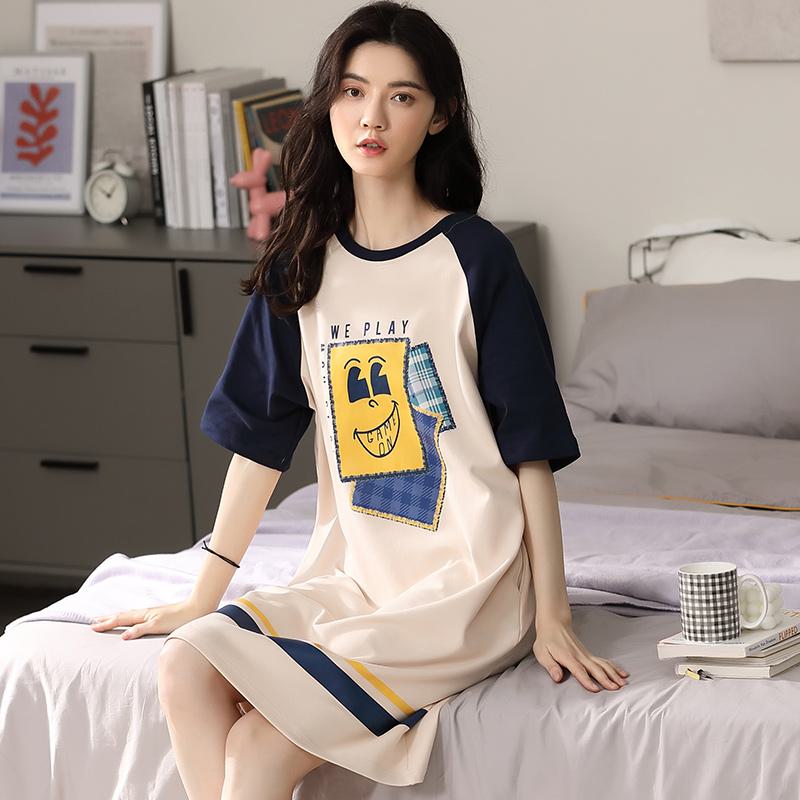 Pure Cotton Round Neck Pullover Patchwork Smiling Face Lounge Dress