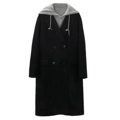 Full-Length Loose-Fit Faux Two-Piece Thickened Woolen Overcoat