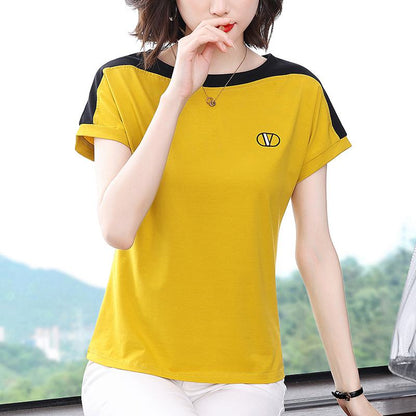 Camiseta de manga corta de algodón puro con cuello redondo, ajuste holgado y efecto adelgazante.