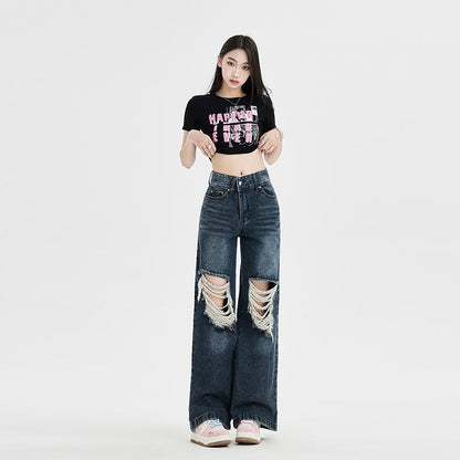 Floor-Length Distressed Loose Fit Straight High-Waisted Wide-Leg Retro Jeans