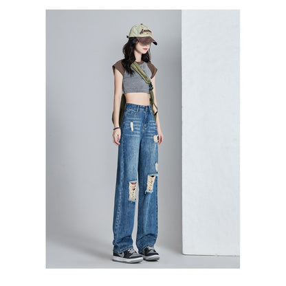 High-Waisted Thin Distressed Loose Fit Straight Leg Jeans