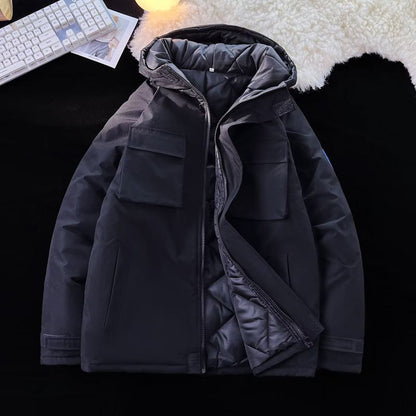 Versatile Workwear Style Bellows Pocket Loose Fit Thickened Hooded Parka