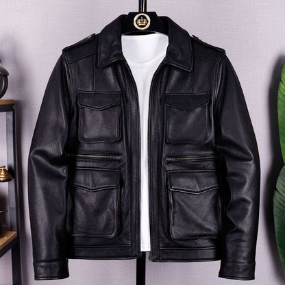 Retro Lapel Collar Workwear Style Leather Jacket