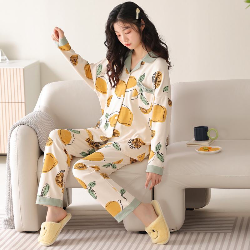 Eng anliegendes Zitronen-Pyjama-Set aus reiner Baumwolle