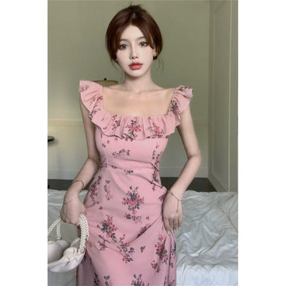 French Style Floral Print Solid Off-Shoulder Dress