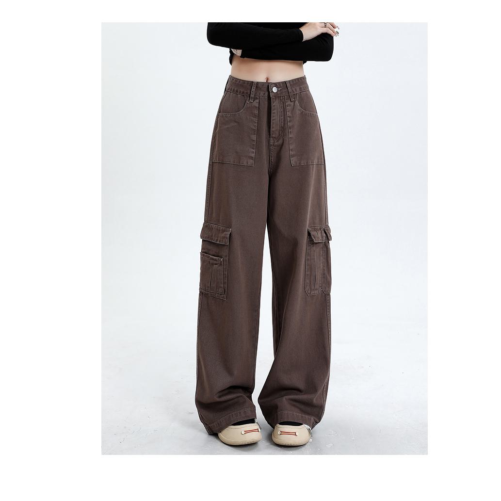 Pantalon cargo droit à taille haute, coupe ample et effet amincissant