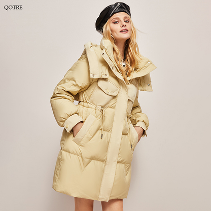 Hooded Thigh-Length Cinched Waist Down Coat