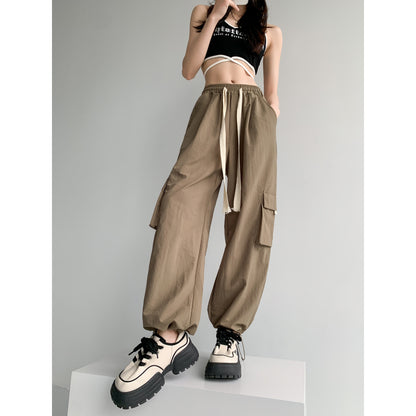 Loose-Fit Casual Silky High-Waisted Multi-Pocket Quick-Drying Sash Wide-Leg Cargo Pants