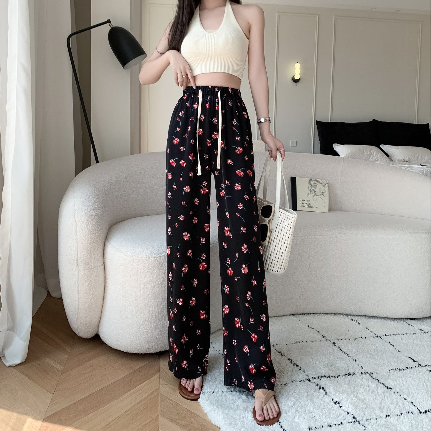 Printed High-Waisted Straight Leg Casual Slimming Look Silky Pants