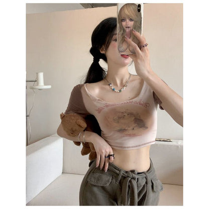 Camiseta de manga corta con estampado de gatito de lycra