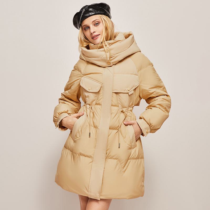 Hooded Thigh-Length Cinched Waist Down Coat