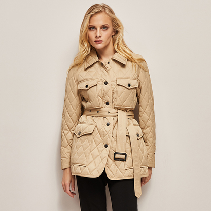 Flap Pocket Quilted Belted Puffer Jacket