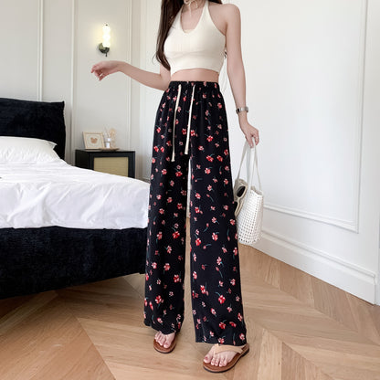 Printed High-Waisted Straight Leg Casual Slimming Look Silky Pants