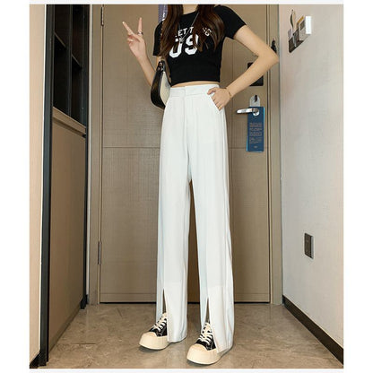 Pantalones informales de talle alto y abertura, de longitud hasta el suelo, que estilizan la figura