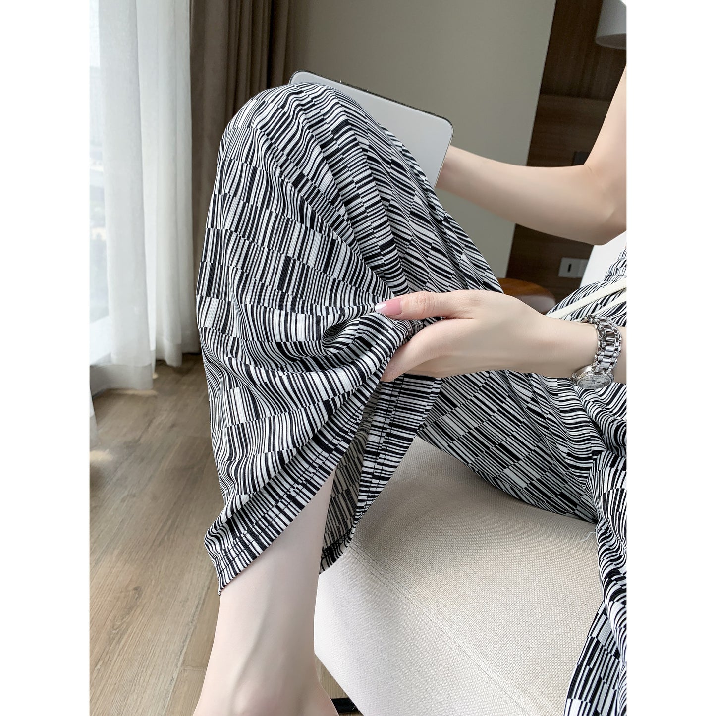 High-Waisted Plaid Stripe Draping Wave Silky Thin Straight Leg Pants