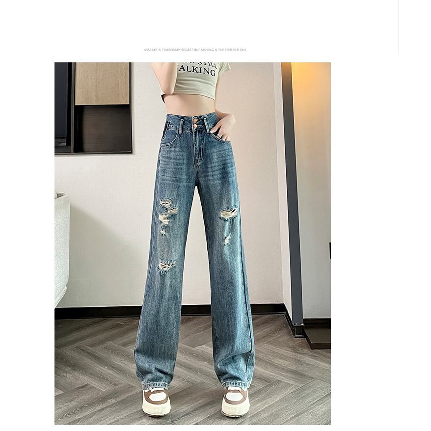 Loose Fit Distressed Color Blocking Straight Leg High-Waisted Jeans
