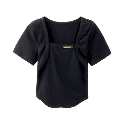 Kurzarm-T-Shirt mit V-Ausschnitt, Kordelzug, Aufdruck von Buchstaben aus Lycra, süß und bauchfrei