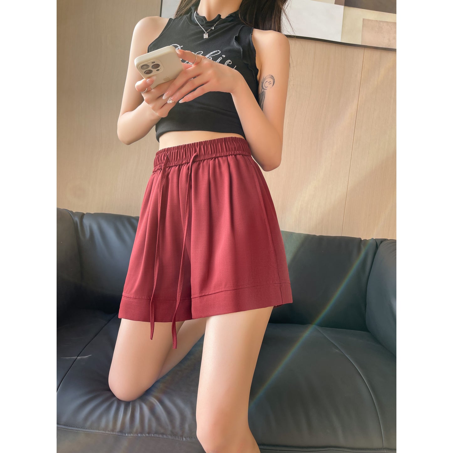 Drawstring Wide-Leg High-Waisted Loose-Fit A-Line Solid Silky Shorts