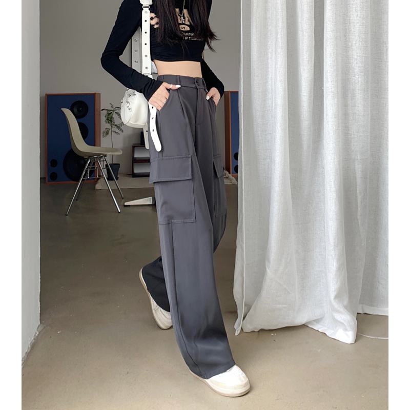 Slimming Workwear Straight Pocket Loose Fit Wide-Leg High-Waisted Retro Pants