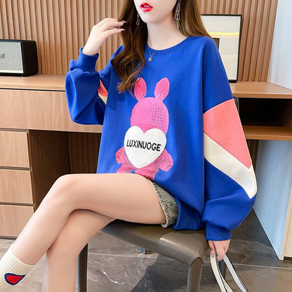 Fiber Thin Twill Color Blocking Patchwork Plant Velvet Round Neck Sweatshirt