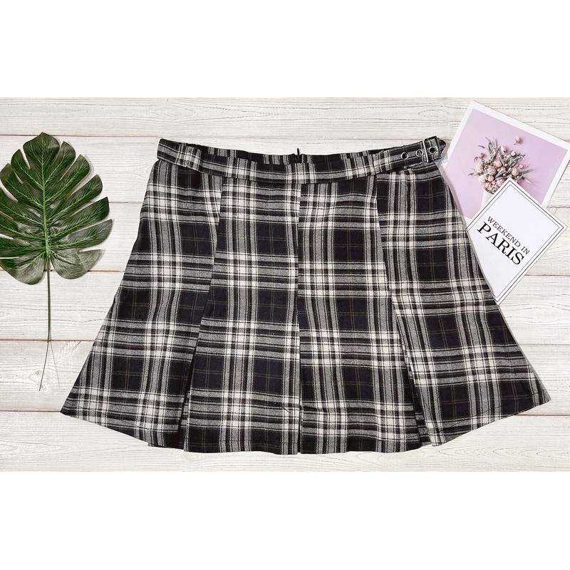 A-Line Zipper Cotton Crash Color Plaid Pleated Skirt