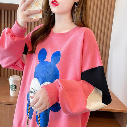 Fiber Thin Twill Color Blocking Patchwork Plant Velvet Round Neck Sweatshirt