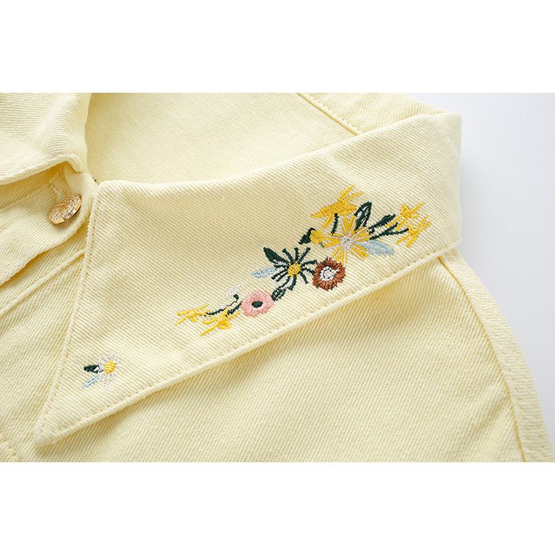 クロップトラペルカラーカジュアル刺繍ルーズフィットデニムジャケット