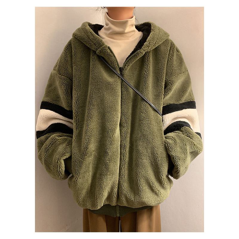 Chaqueta de forro polar de lana de cordero, cálida, resistente al frío, con doble capa de terciopelo grueso y capucha.