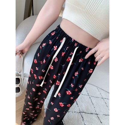 Printed High-Waisted Straight Leg Casual Slimming Look Silky Pants