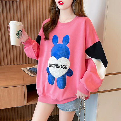 Fiber Thin Twill Color Blocking Patchwork Plant Velvet Round Neck Sweatshirt