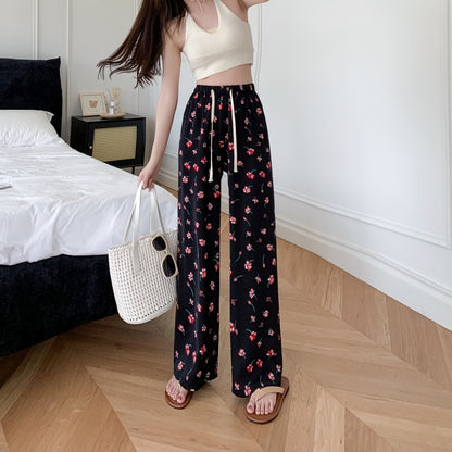 Printed High-Waisted Straight Leg Casual Slimming Look Silky Pants