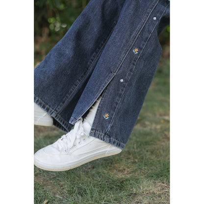 Straight Leg Patchwork Embroidery Split Hem Jeans