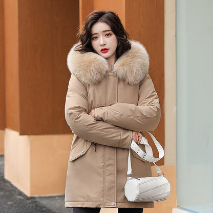 Drawstring Thigh-Length Fur Collar Parka