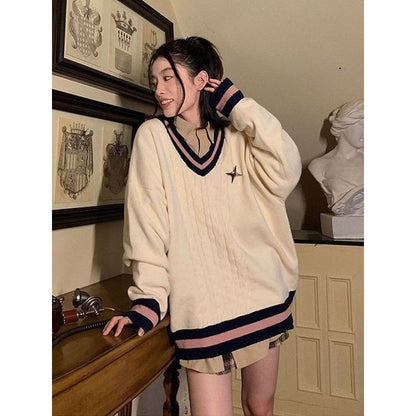 Pullover Retro Preppy Style Embroidery Patchwork Knitted Worn Outside V-Neck Sweater