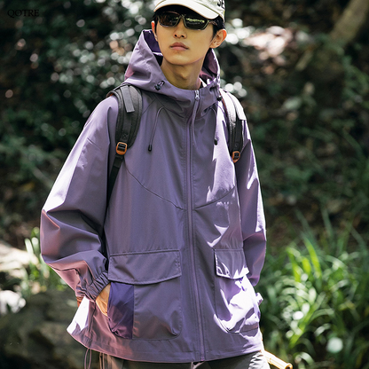 ワークウェアスタイルのキャンプ用防風トレンディなレインコートフード付きジャケット