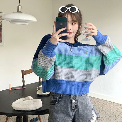 Stripe Pullover Cropped Plush Color Blocking Niche Sweater