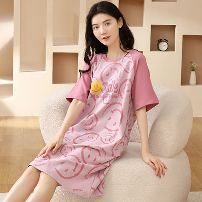 Tightly Woven Pure Cotton Smiling Face Midi Letter Lounge Dress