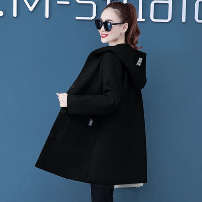 Thickened Plus Velvet Hooded Thigh-Length Loose Fit Wool Blend Coat