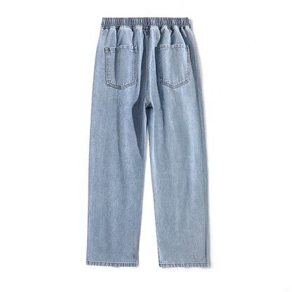 Elastic Waist Distressed Loose Fit Straight Trendy Jeans