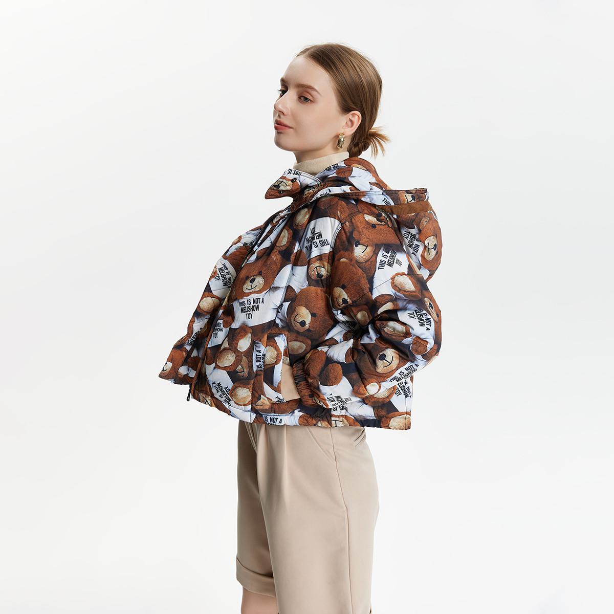 Kapuzen-Cropped-Teddy-Print-Daunenjacke mit dicker Fütterung