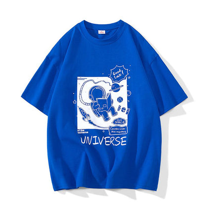 Camiseta de manga corta de algodón puro con estampado versátil de astronauta, ajuste holgado y cómodo.