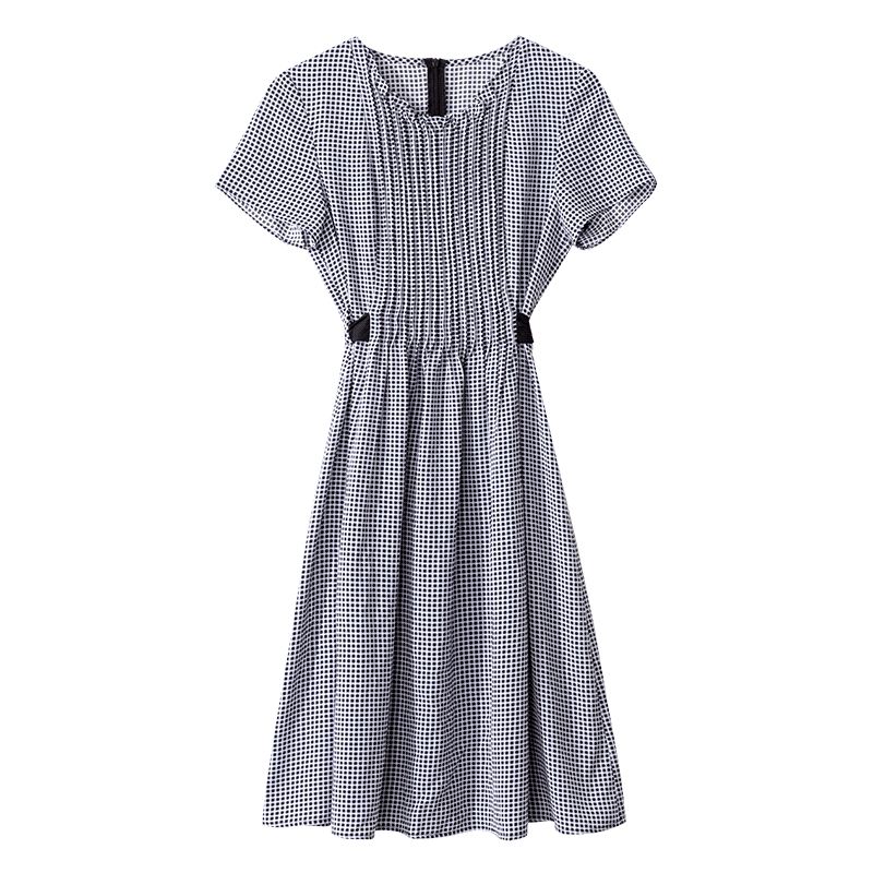 Pleated Chic Checkered Pattern Cinched Waist French Style Dress