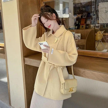 Cropped Yellow Soft Loose Fit Wrap Coat